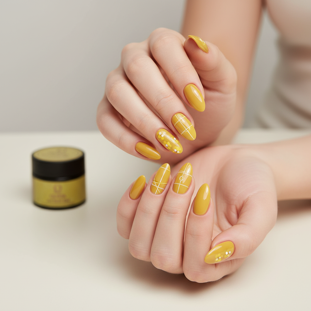 Clean sfeerbeeld met gele nail art