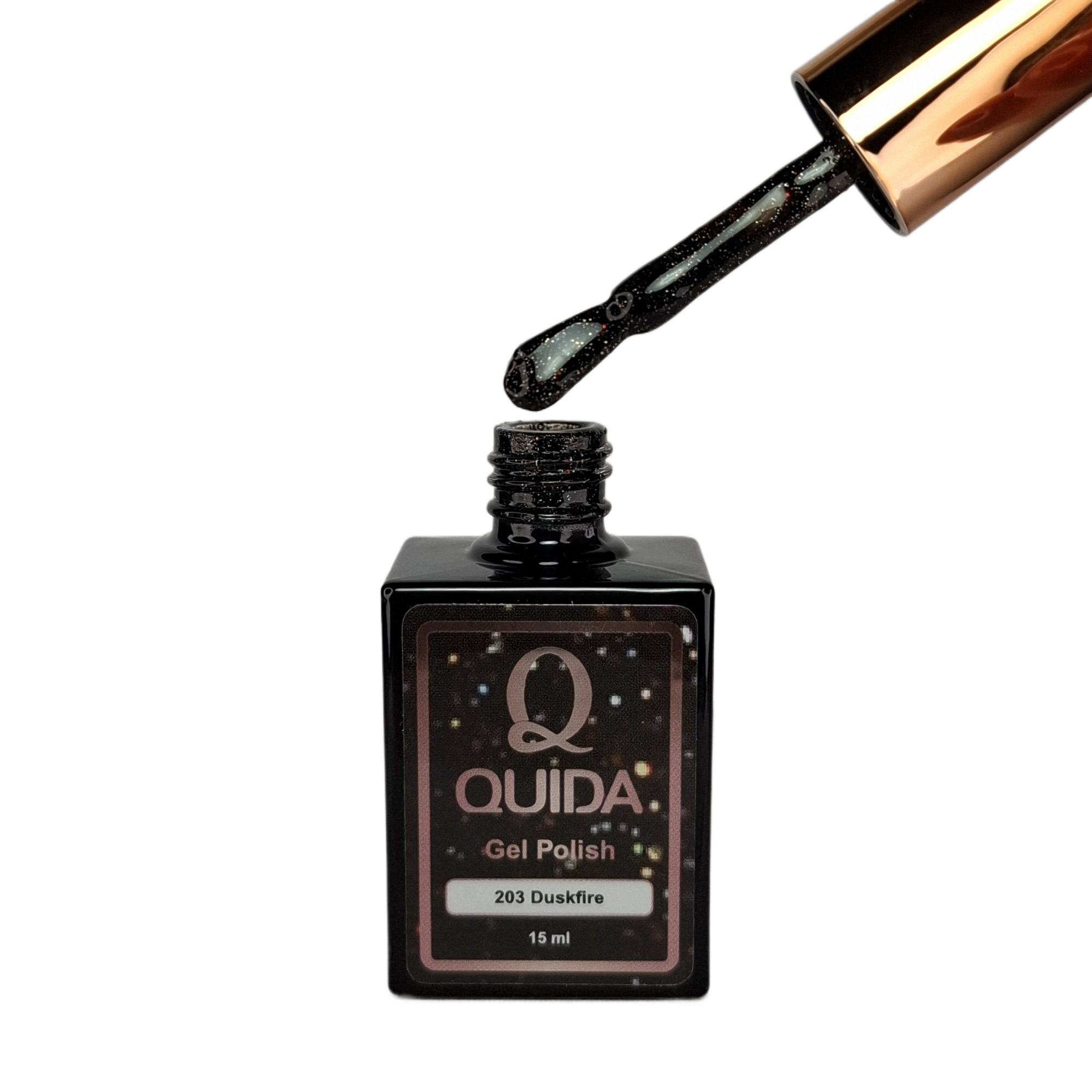 Glitter Gel Polish Duskfire #203 – Diepzwarte Glitter met Vurige Multicolor Sparkle