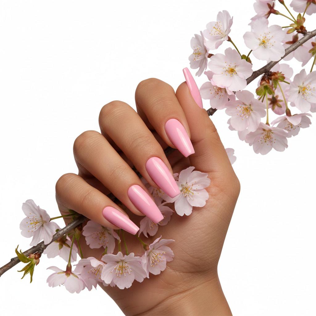 Hand met kersenbloesem en Soft Petal #161 nagels