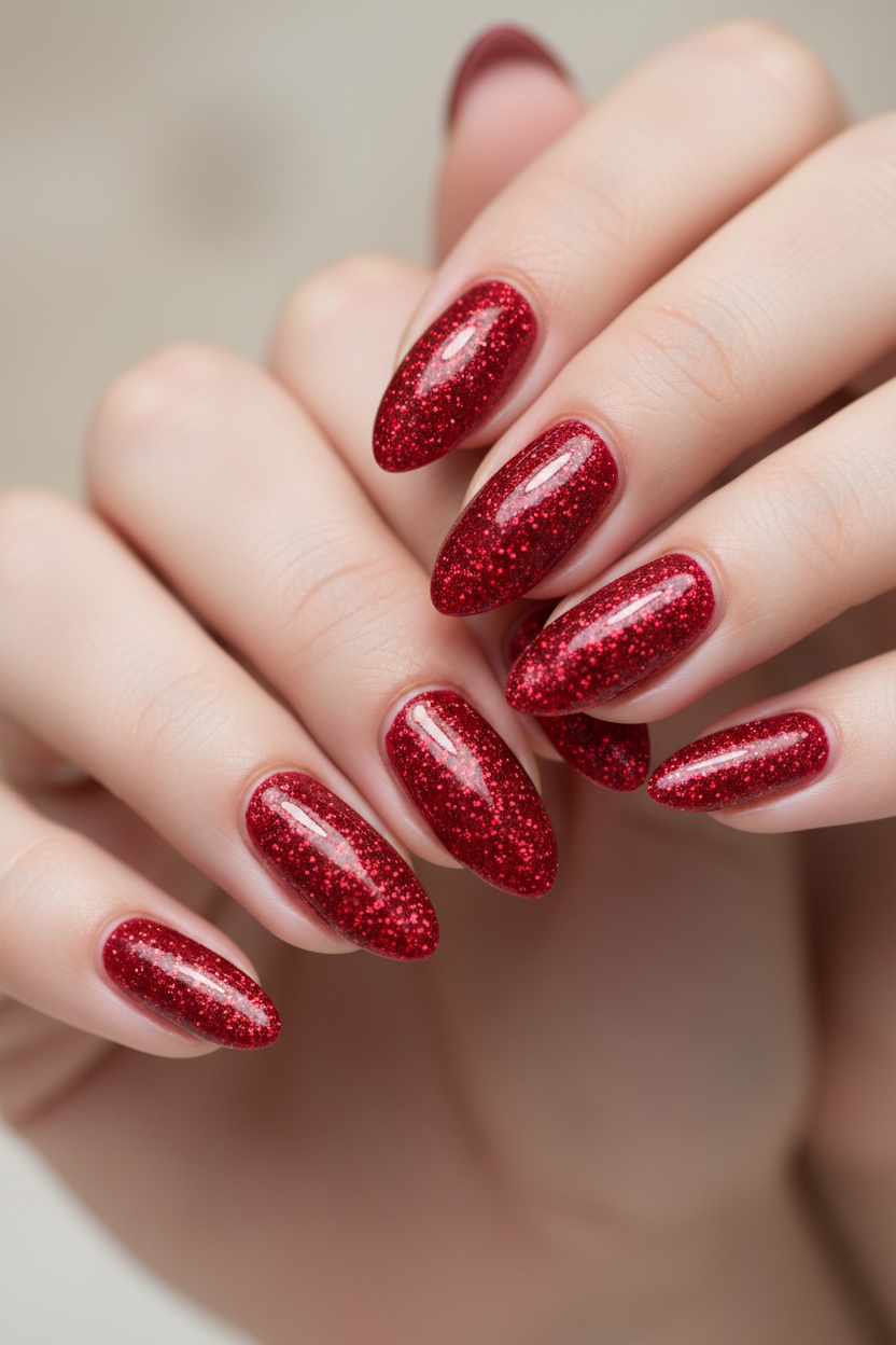 Rode glitter manicure met Prismatica gel polish