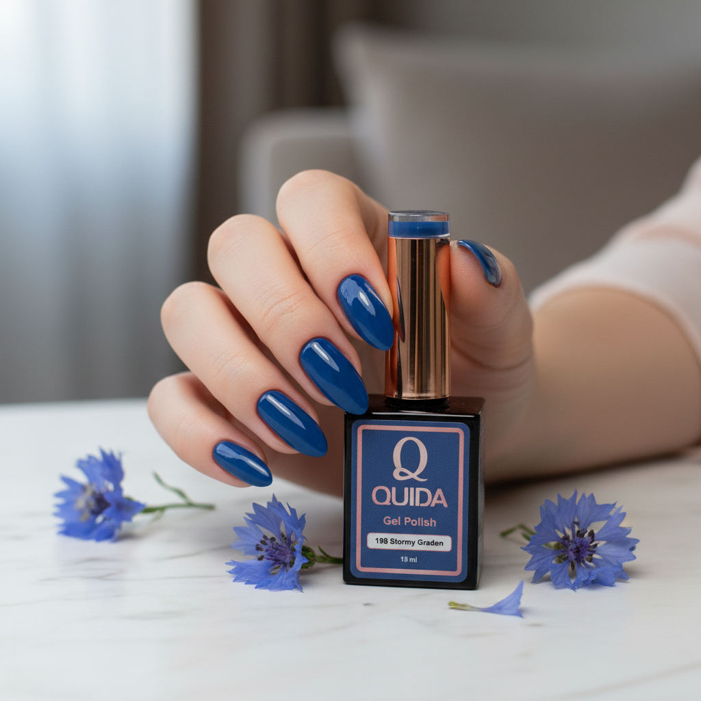 Stormy Graden #198 sfeerbeeld – hand op marmeren ondergrond met blauwe bloemen