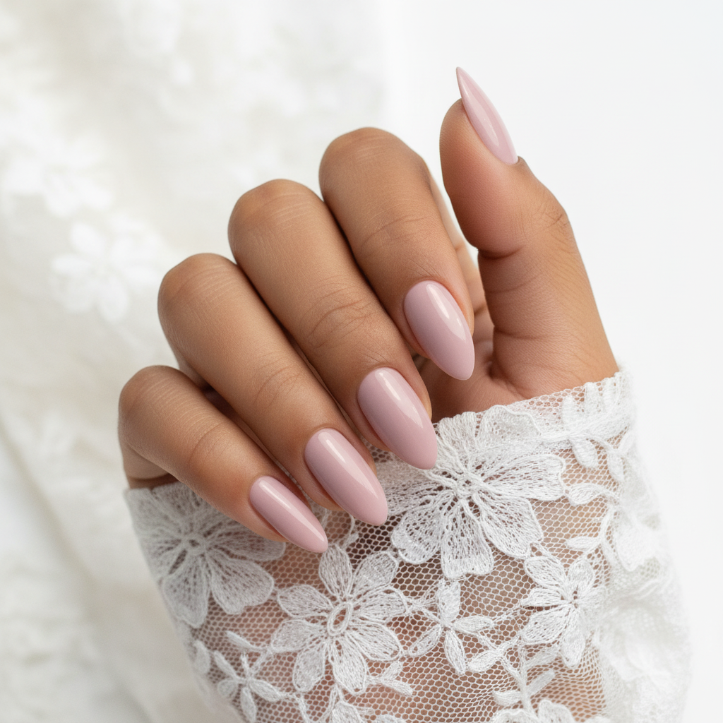 Hand met bloemen en Blush Whisper #158 nagels
