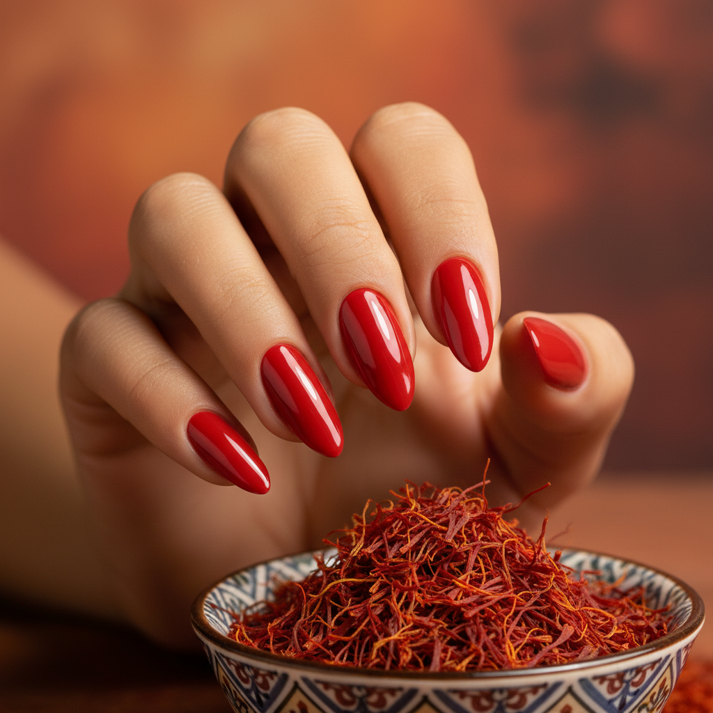Hand met saffraan en Saffron Heat #149 nagels