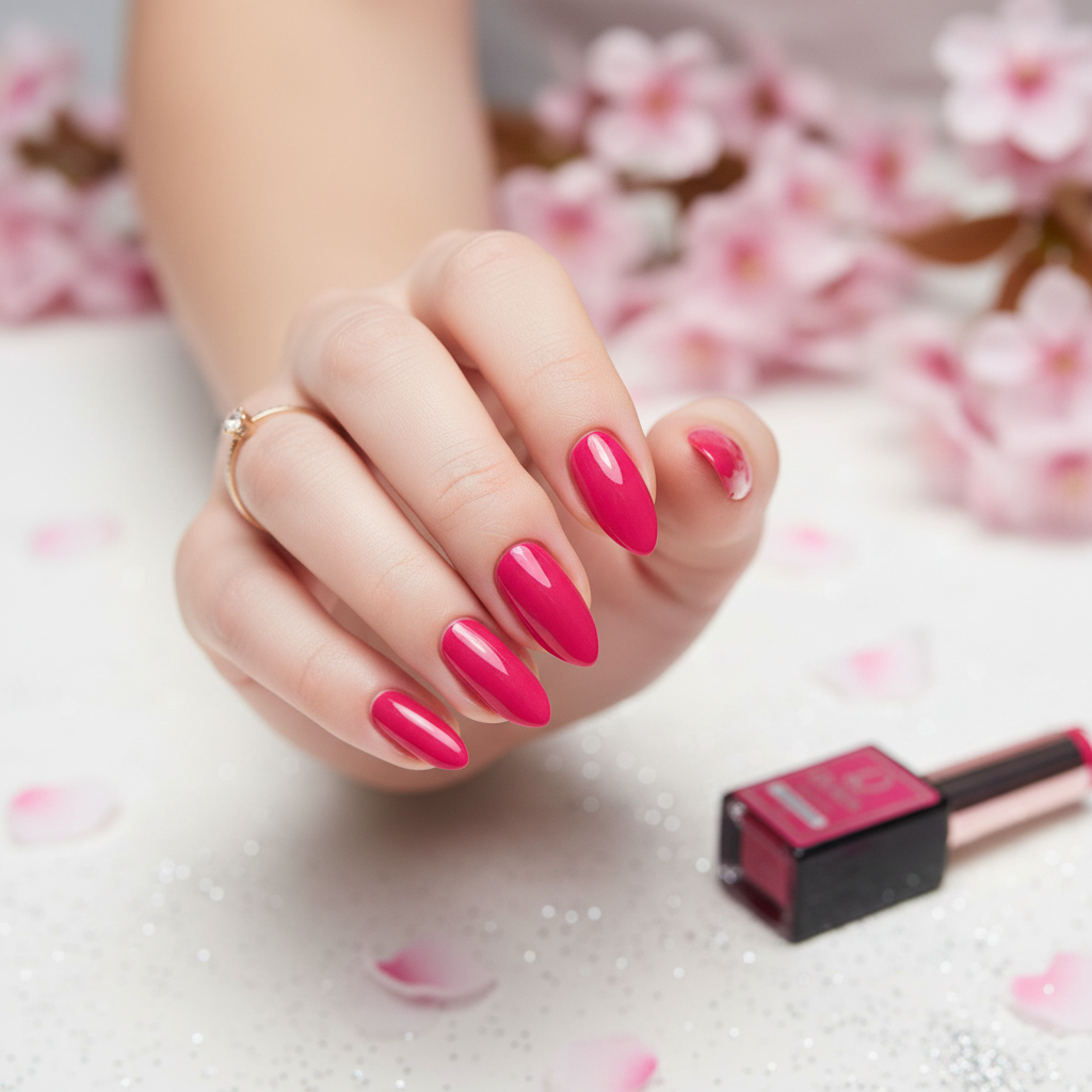 Fuchsia Pop #178 sfeerbeeld – hand met roze bloemen en zilver glitter
