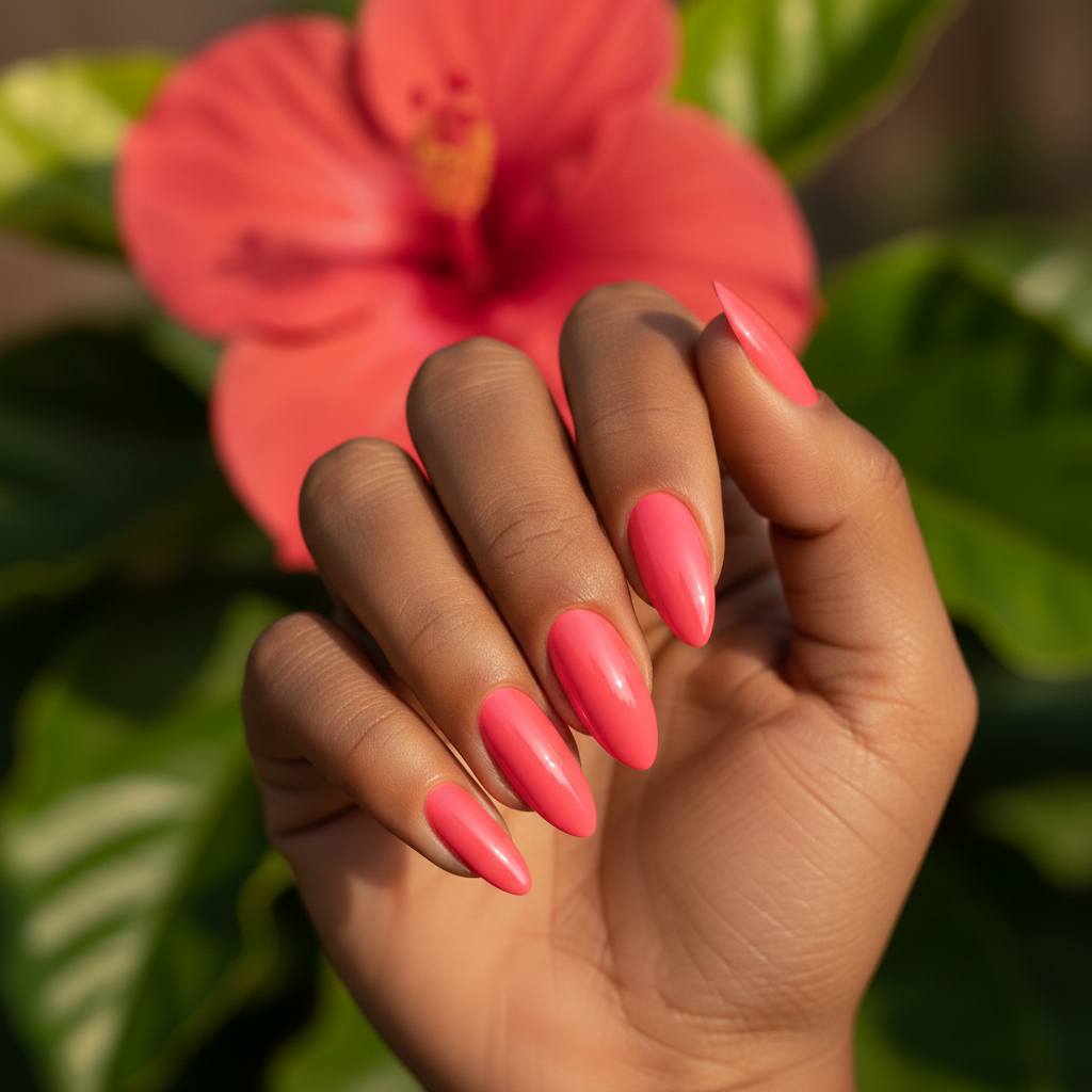 Hand met bloem en Blushing Flamenco #138 nagels