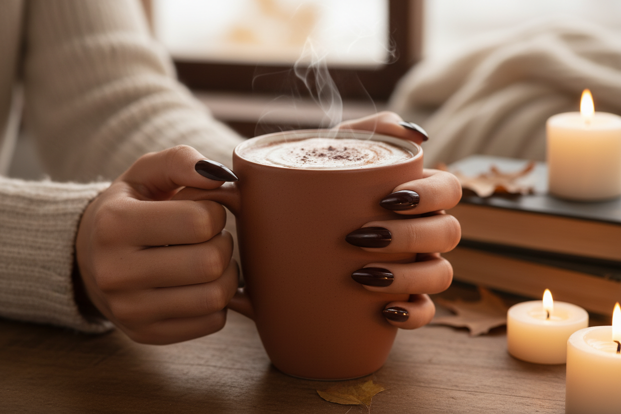 Mocha Velvet #200 sfeerbeeld – handen met koffiekopje, herfstsfeer