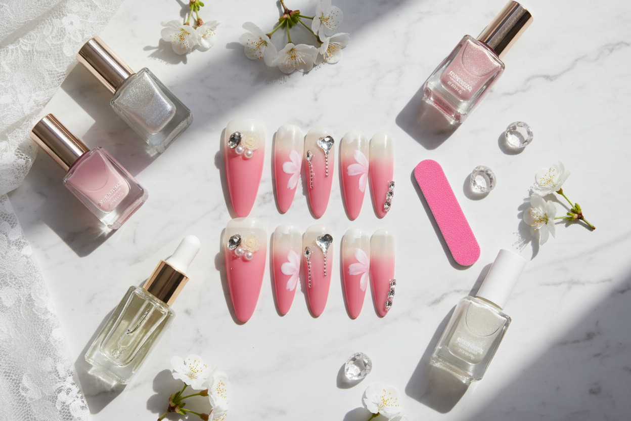 Press on tips #025 lifestyle flatlay met beauty producten