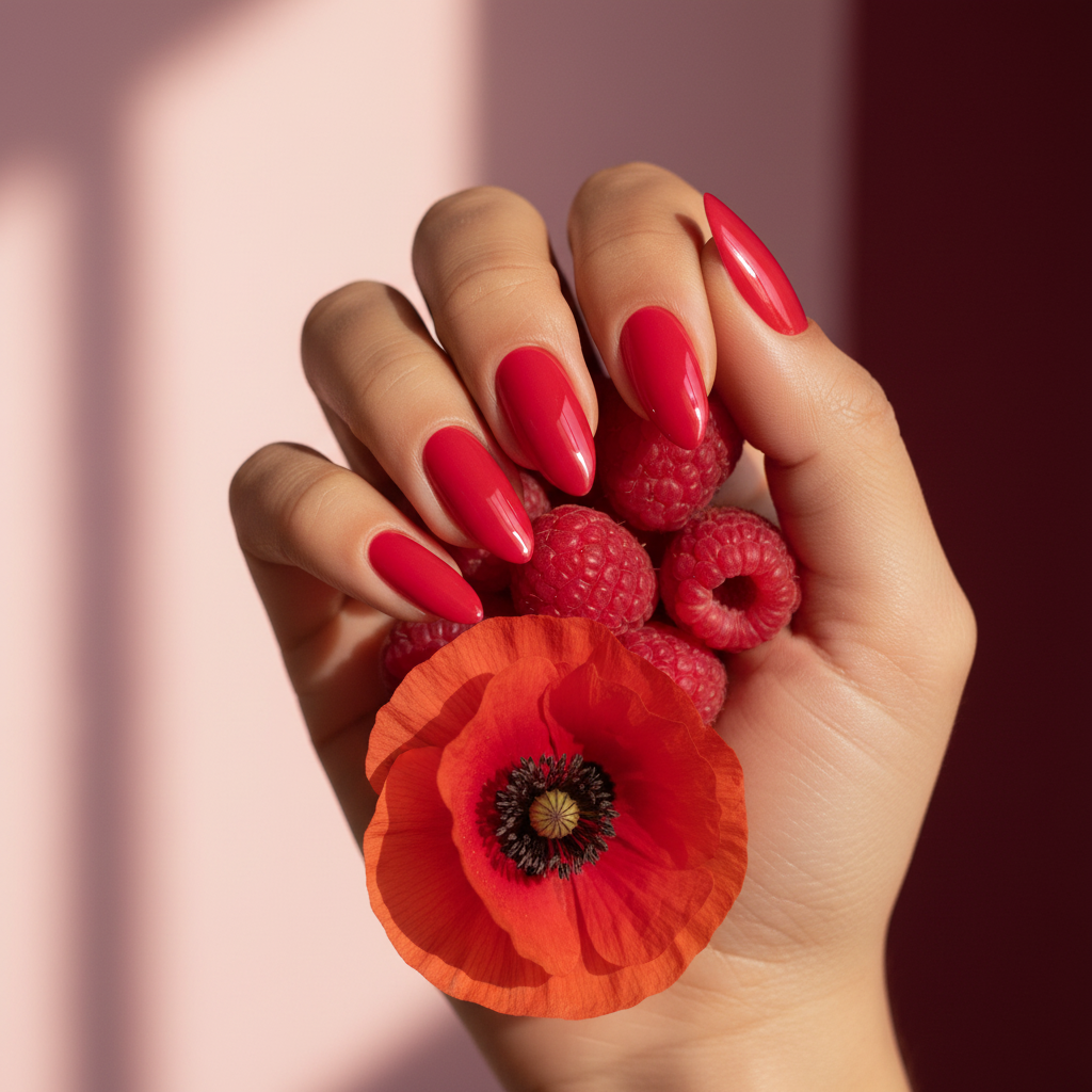 Hand met frambozen en Red Obsession #151 nagels