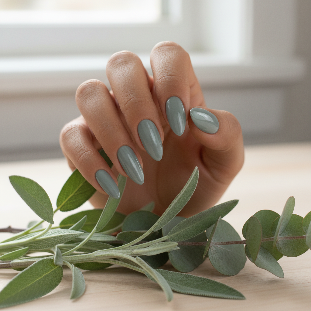 Hand met eucalyptus en Ashen Grace #132 nagels