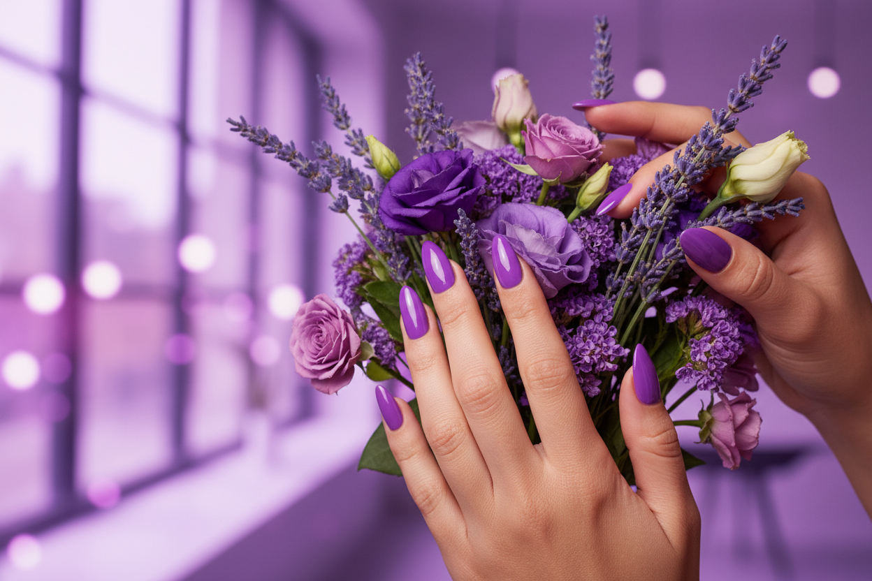 Fresh Purple #186 sfeerbeeld – handen met paars bloemboeket