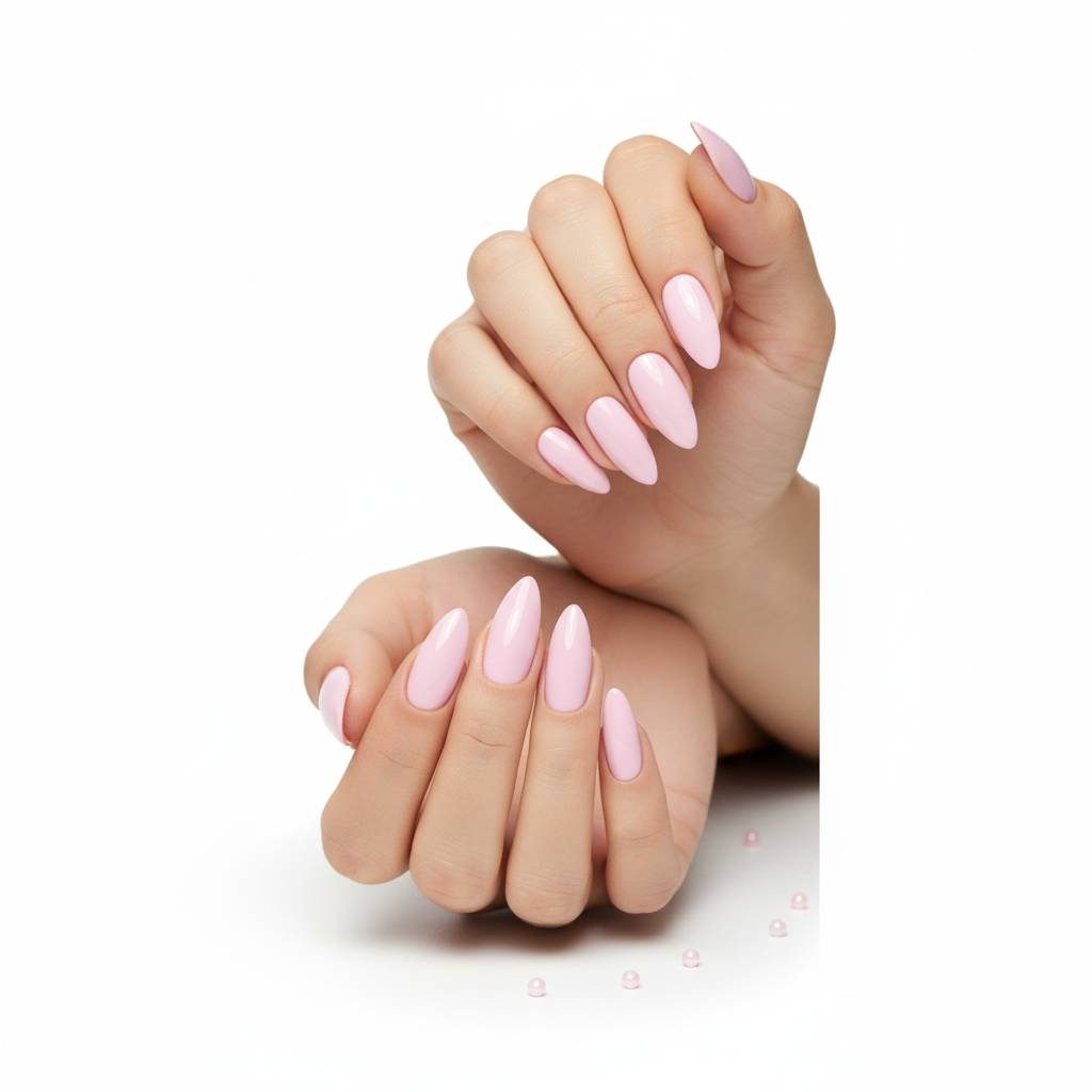 Twee handen met Sweet Kiss #166 babyroze nagels