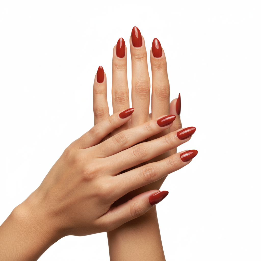 Twee handen met Saffron Heat #149 saffraanrood nagels