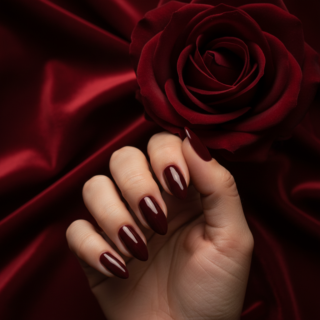 Hand met roos en Scarlet's Secret #156 nagels