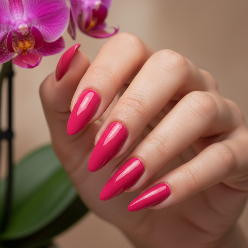 Hand met orchidee en Amber Crush #142 nagels