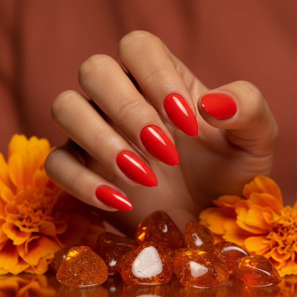 Hand met amber en Scarlet Amber #146 nagels