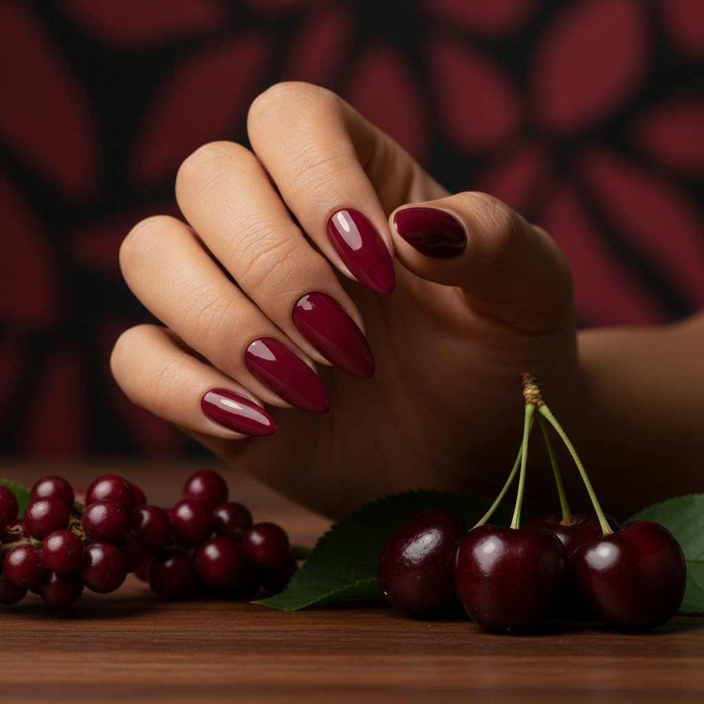 Hand met kersen en Cherry Noir #155 nagels