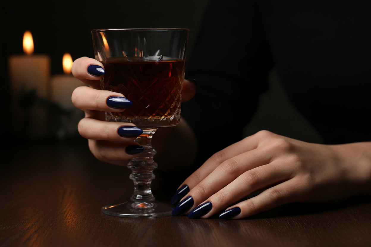 Midnight Muse #197 sfeerbeeld – handen met kristallen glas, kaarslicht