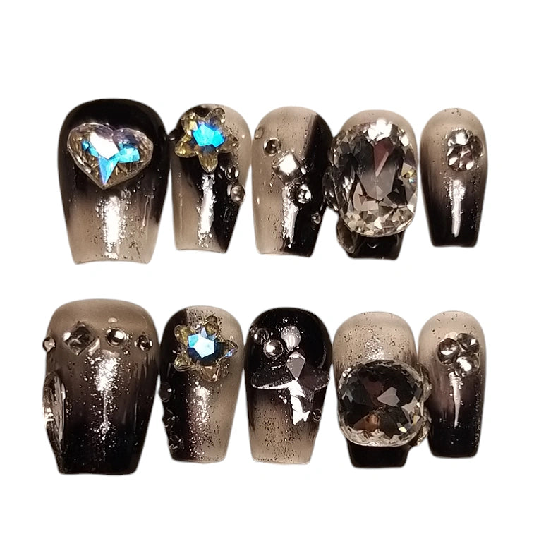 Press-on Nagels #004 – Zwart Glitter Ombré met Grote Rhinestones & Kristallen | Vierkant | Quida