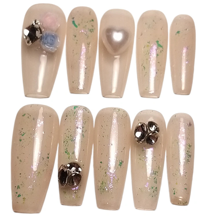 Press-on Nagels #005 – Nude Ballerina met Holografische Glitter, Roosje & Rhinestones | Quida