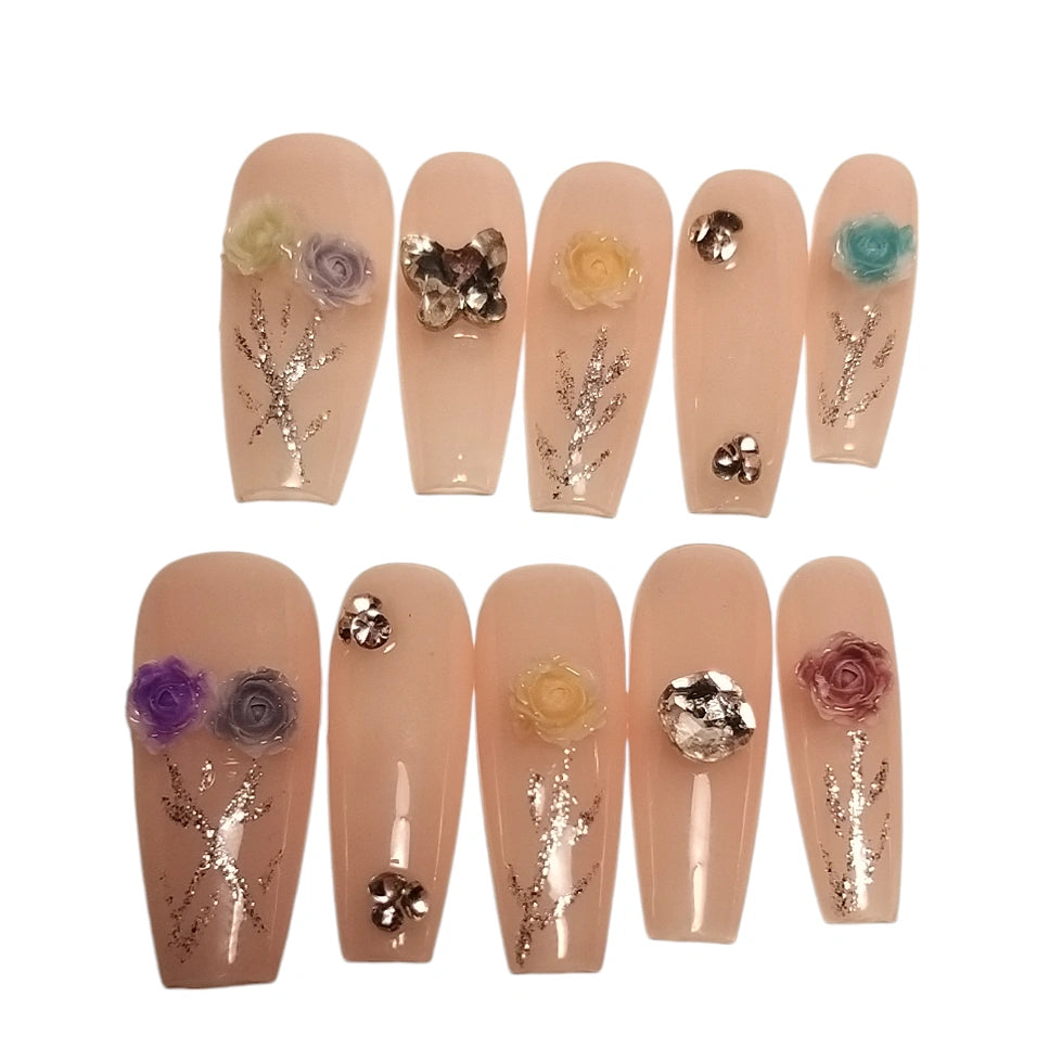 Press-on Nagels #022 – Nude Ballerina met Kleurrijke 3D Roosjes & Gouden Tak | Quida