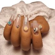 Press-on Nagels #022 – Nude Ballerina met Kleurrijke 3D Roosjes & Gouden Tak | Quida