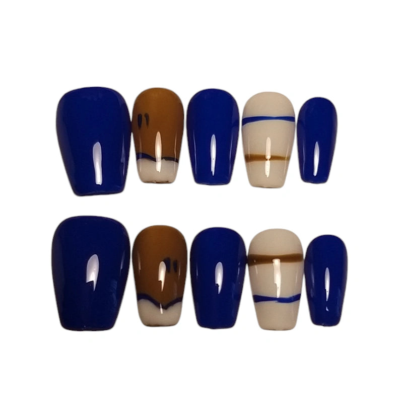 Press-on Nagels #049 – Kobaltblauw & Cognac Vierkant met Colour Block & Blauwe Lijn Detail | Quida
