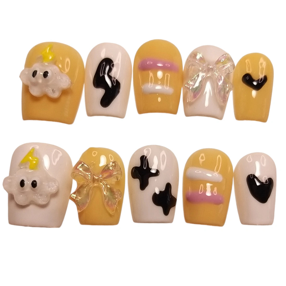 Press-on Nagels #063 – Geel & Crème Vierkant met 3D Wolkje, Holografisch Strikje, Koe Vlekken & Hart | Quida