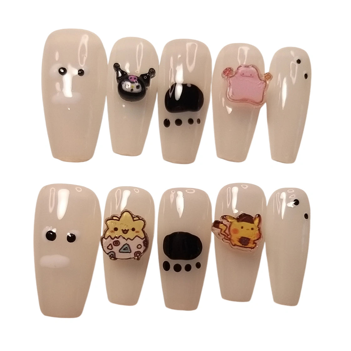 Press-on Nagels #067 – Crème Ballerina met 3D Kuromi, Pikachu, Togepi & Ditto Pokémon Charms | Quida