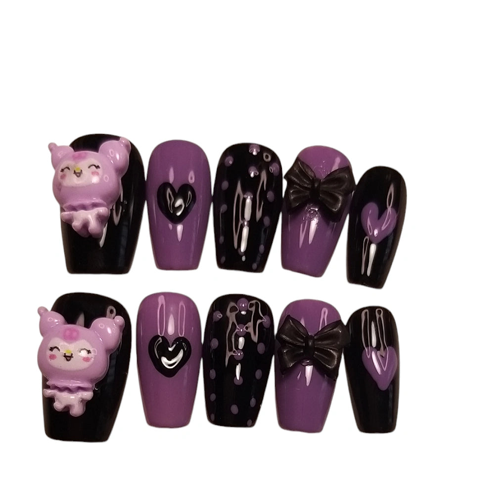 Press-on Nagels #072 – Paars & Zwart Ballerina met 3D Kuromi, Zwart Strikje, Hart & Drip Effect | Quida