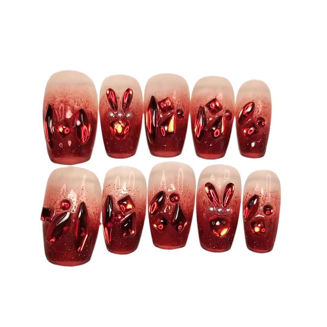 Press-on Nagels #073 – Nude Rood Ombré Glitter Vierkant met 3D Metallic Konijntje, Hart & Kristal Stukken | Quida