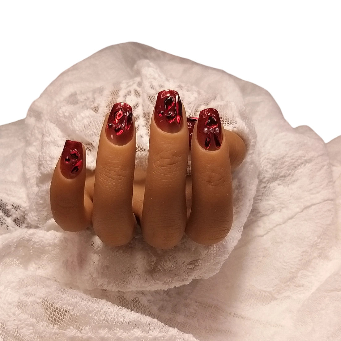 Press-on Nagels #073 – Nude Rood Ombré Glitter Vierkant met 3D Metallic Konijntje, Hart & Kristal Stukken | Quida