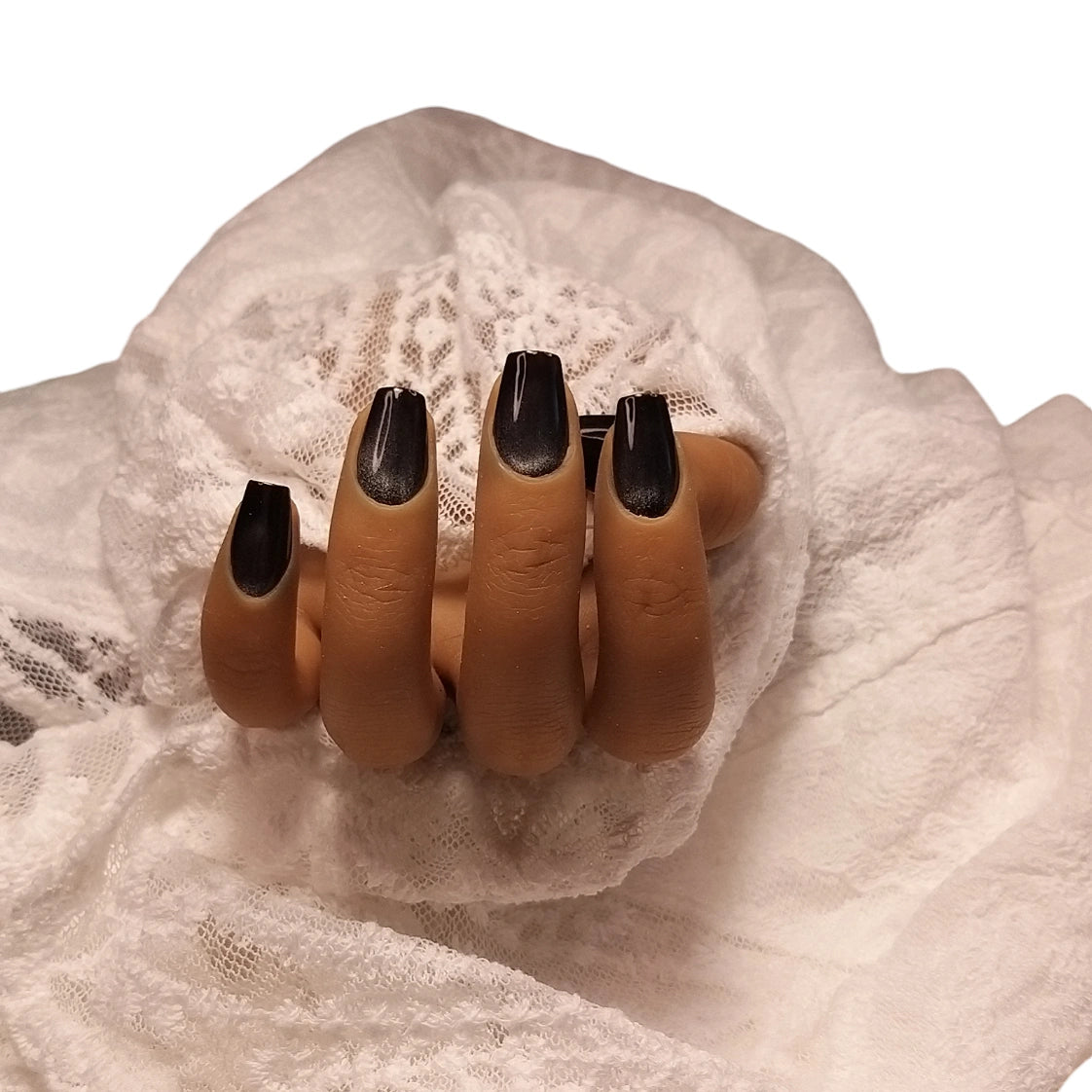 Press-on Nagels #076 – Zwart Goud Shimmer Ballerina Cat Eye Magnetisch Effect Effen | Quida