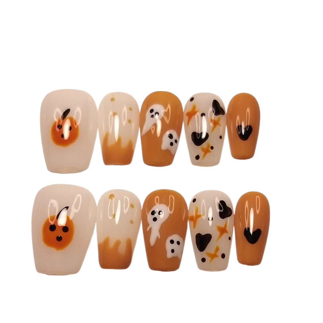 Press-on Nagels #077 – Crème & Oranje Ballerina met Pompoen, Spookjes, Hart & Sterretjes Halloween | Quida
