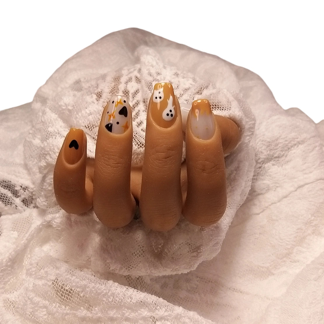 Press-on Nagels #077 – Crème & Oranje Ballerina met Pompoen, Spookjes, Hart & Sterretjes Halloween | Quida