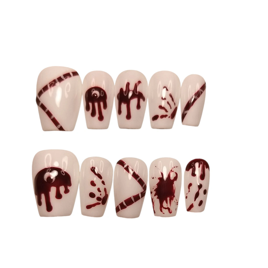 Press-on Nagels #078 – Crème Vierkant met Bloedige Drip, Oog, Handafdruk & Spetters Horror Halloween | Quida
