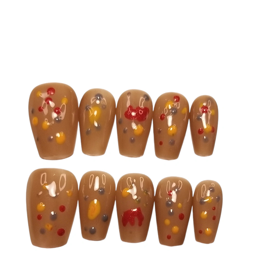Press-on Nagels #079 – Caramel Bruin Vierkant met Rode 3D Bloemetjes, Kleurrijke Dots & Witte Folie | Quida