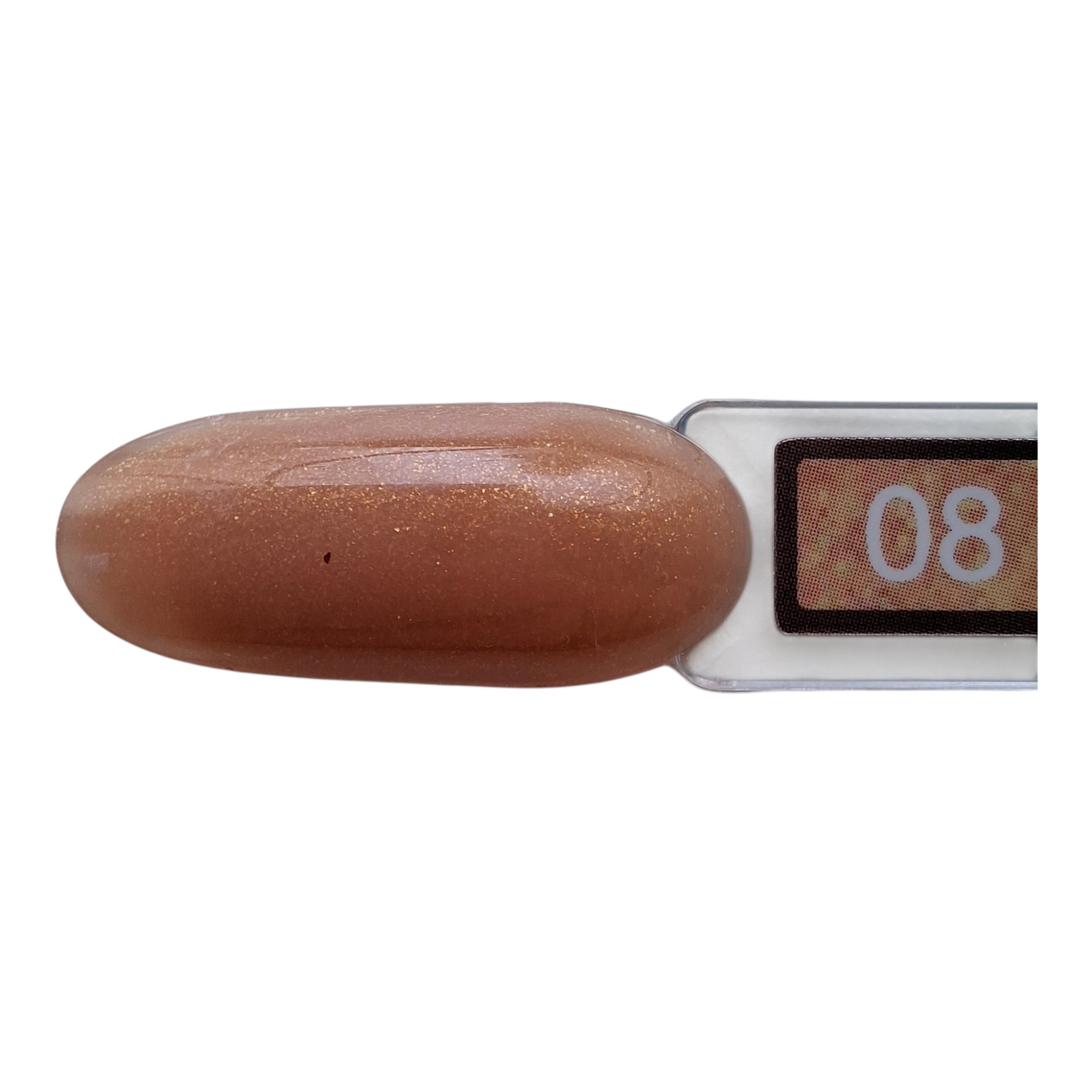 Swatch Quida Builder Gel #008 Golden Sand op nageltip - beige nude builder gel met luxe gouden shimmer finish