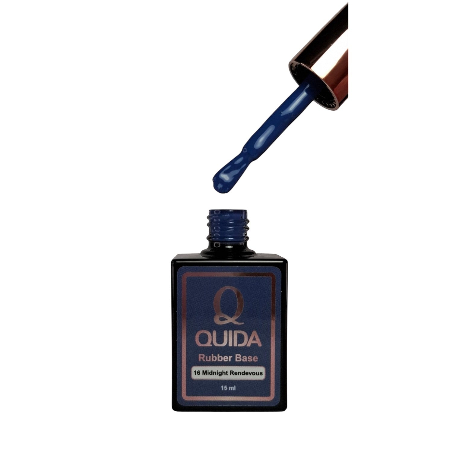 Quida Rubber Base Midnight Rendezvous #16, een diep marineblauw met indigogloed, voor een egale basis.